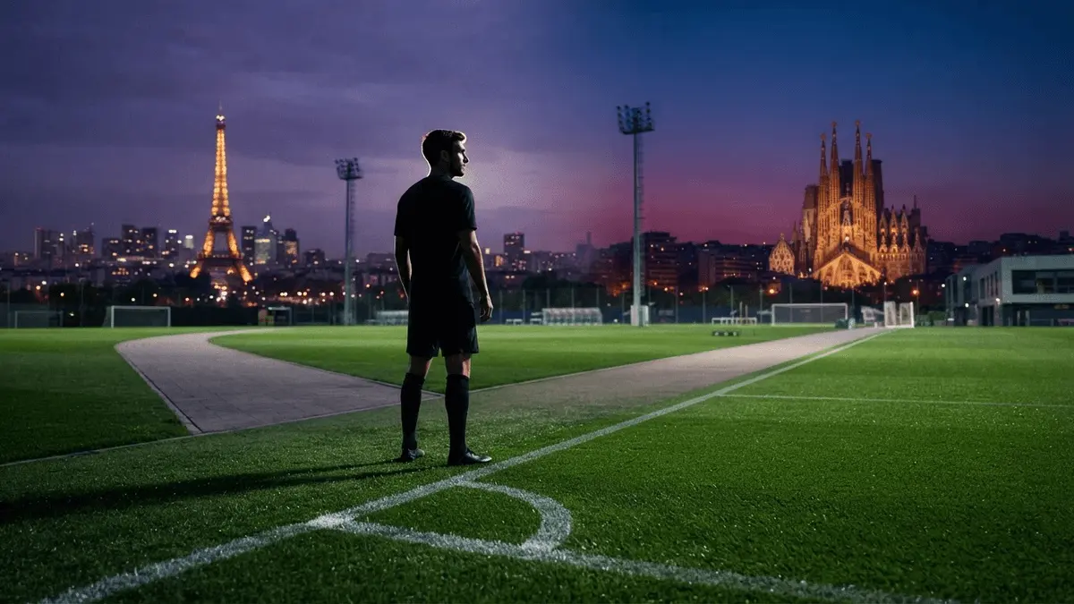 Player silhouette at crossroads between Paris and Barcelona skylines at dusk