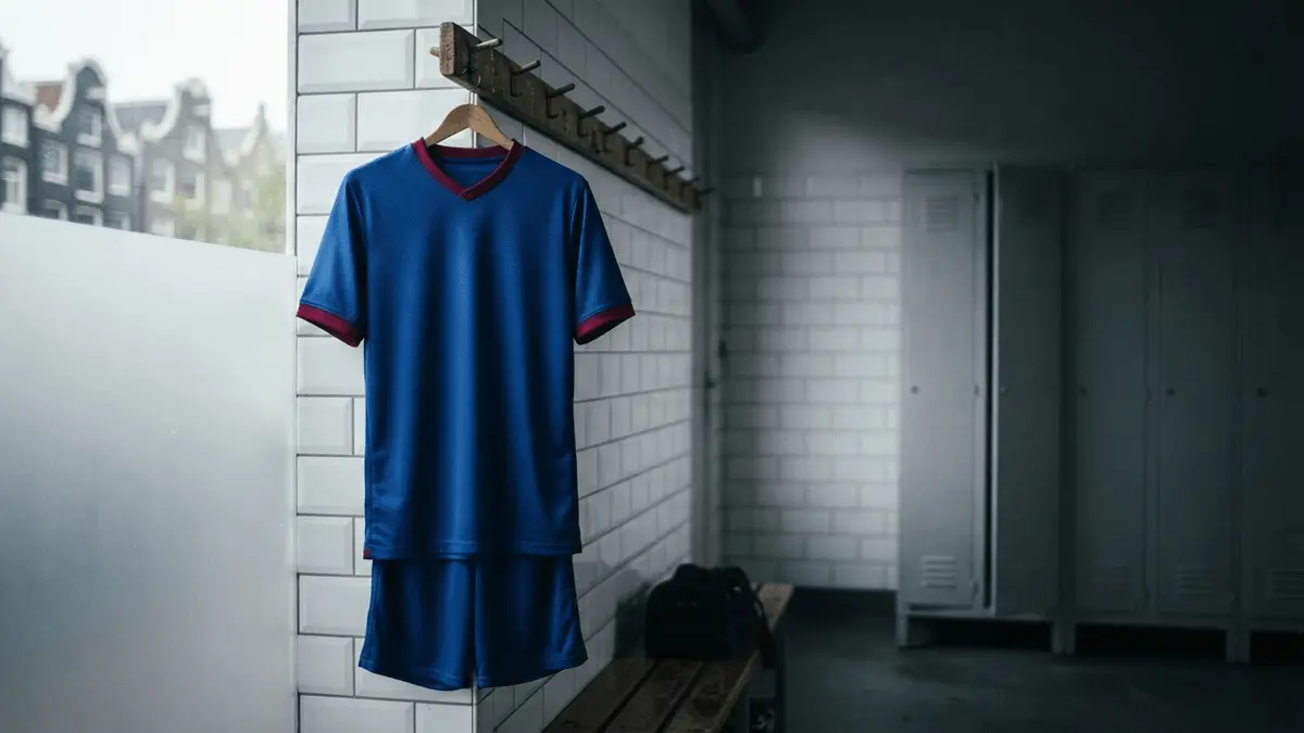 Blue goalkeeper kit hanging in locker room symbolizing ter Stegen's move to Ajax