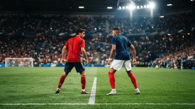 Spain and France players face off on football pitch under stadium lights in World Cup semi-final