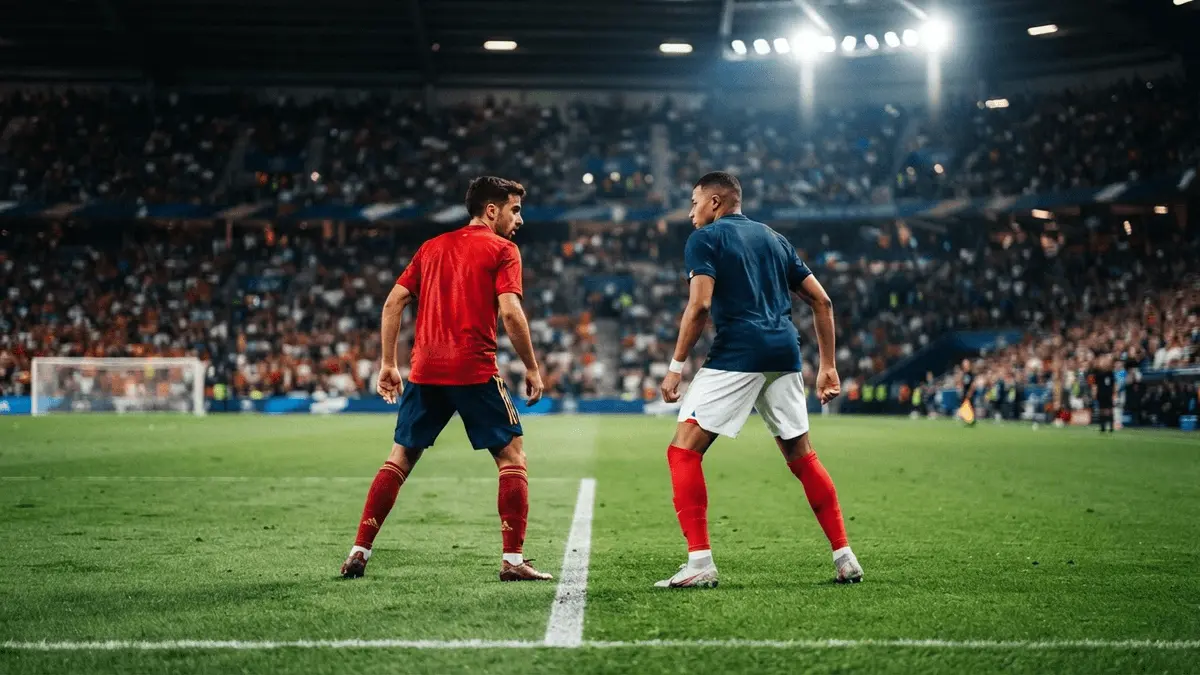 Spain and France players face off on football pitch under stadium lights in World Cup semi-final