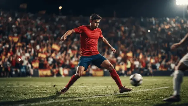 Spain defender in red jersey making commanding defensive play during World Cup match in packed stadium