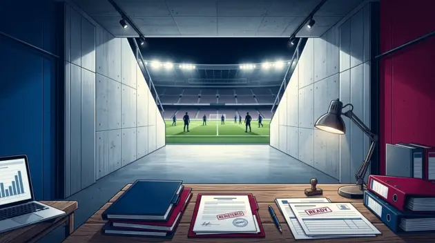 Barcelona transfer registration paperwork and player silhouettes inside a stadium before the La Liga opener