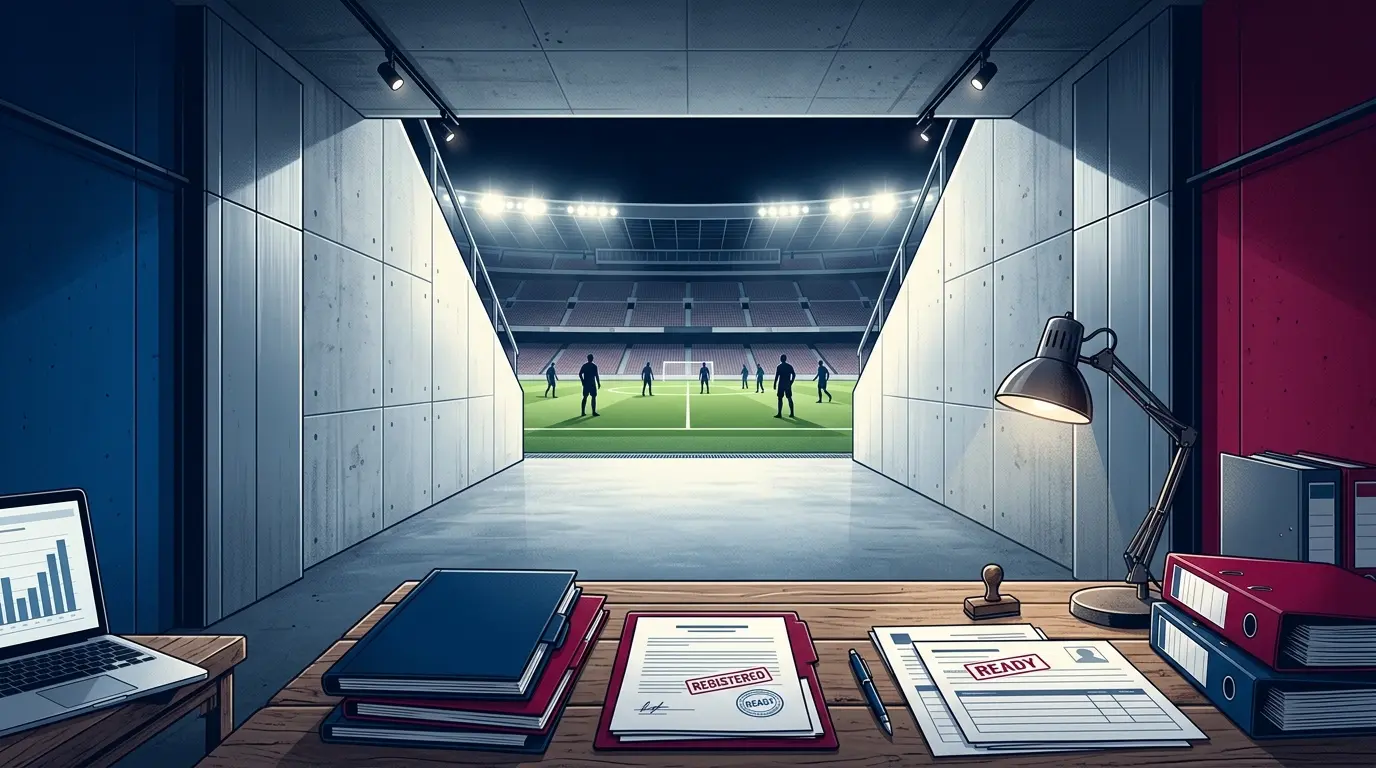 Barcelona transfer registration paperwork and player silhouettes inside a stadium before the La Liga opener