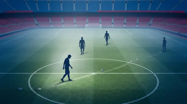 Barcelona midfield silhouettes on a pitch symbolizing Rodri’s recovery and early-season tactical decisions