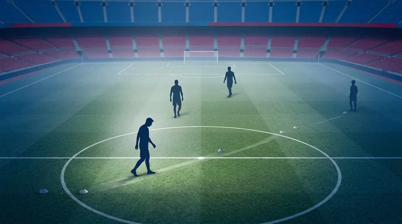 Barcelona midfield silhouettes on a pitch symbolizing Rodri’s recovery and early-season tactical decisions