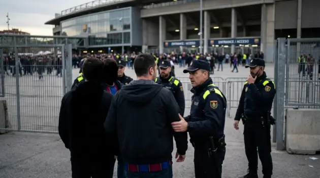 Police and Barcelona supporters during a tense pre-match incident outside a Spanish football stadium