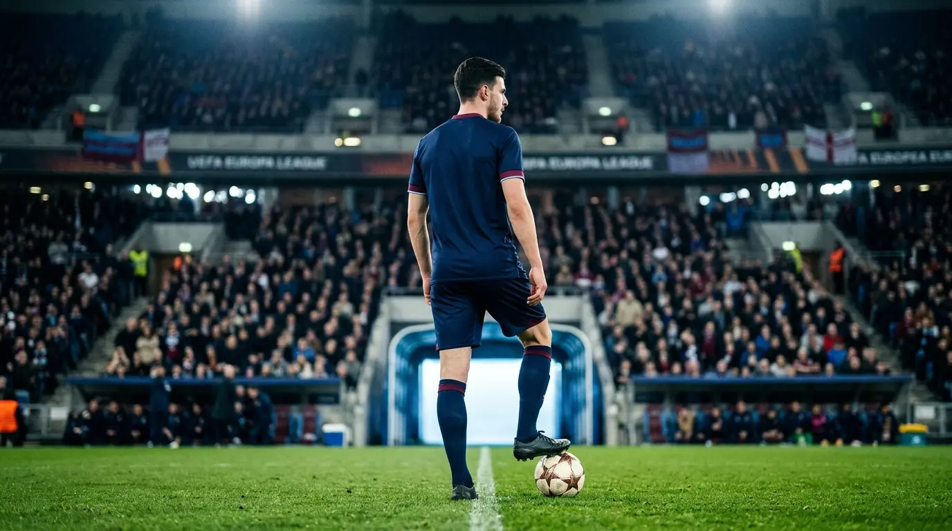 Midfielder in blue and claret standing under stadium lights during a major football transfer
