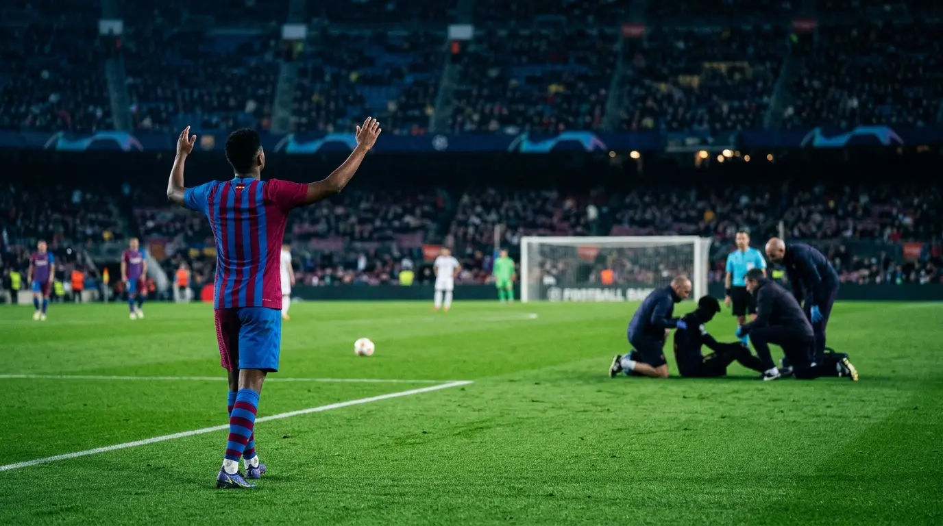 Barcelona player celebrates a 5-0 win as a distant teammate receives attention during a tense La Liga match