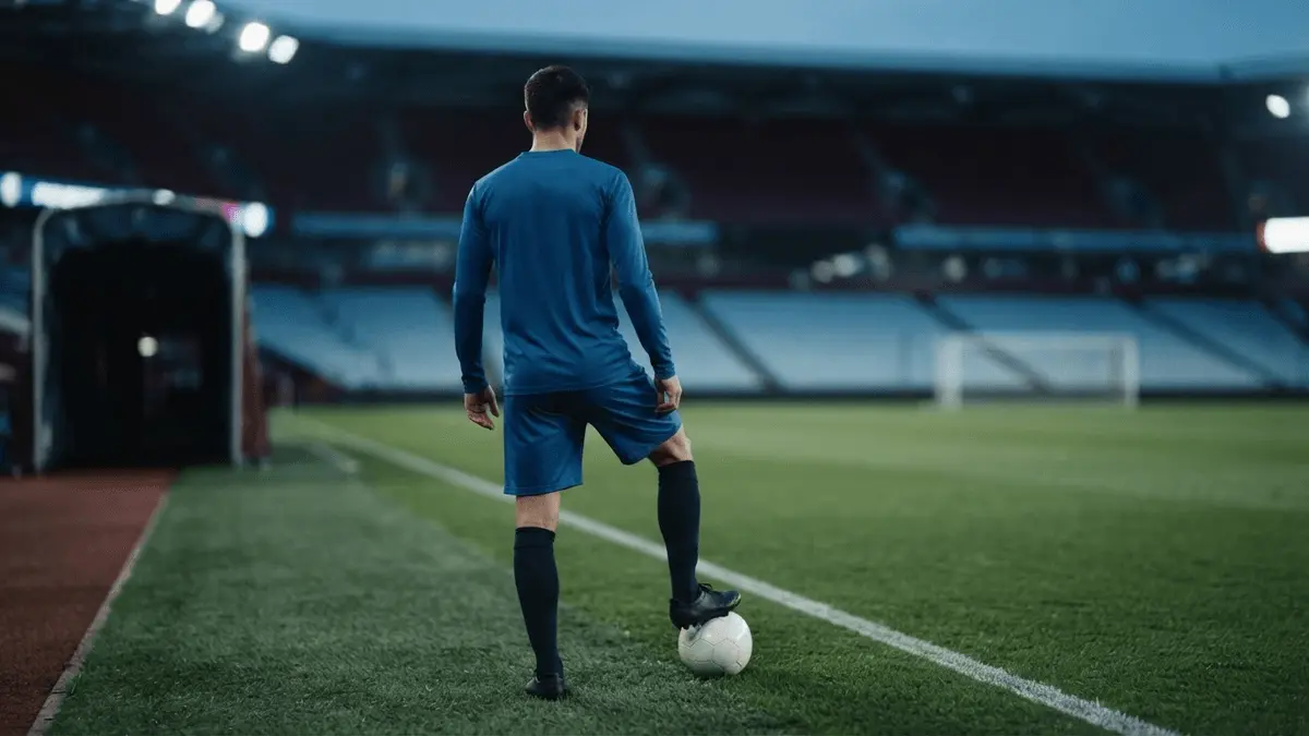 Non-identifiable midfielder standing in a stadium, symbolizing Barcelona's pursuit of Rodri after De Jong's injury.