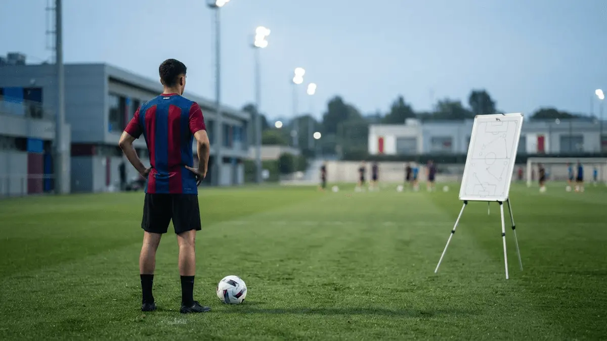 Young footballer on a training pitch representing a potential Barcelona-to-Ajax transfer