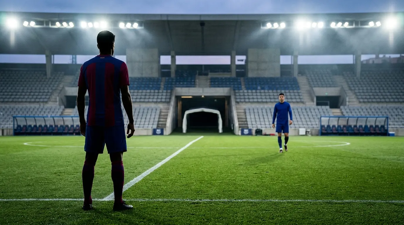 Anonymous Barcelona-style left-back facing competition after a new defender arrives, with a stadium tunnel suggesting a possible transfer exit.