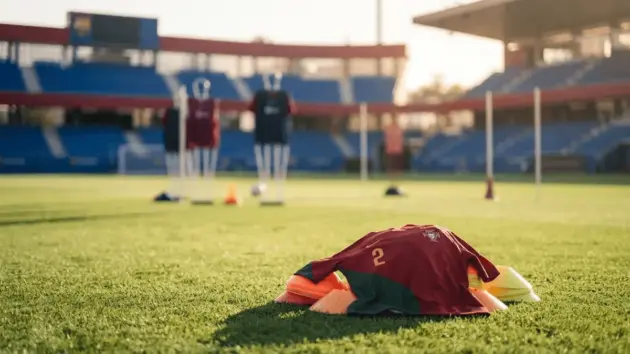 Portugal national team jersey on Barcelona training ground with tactical equipment and Camp Nou in background