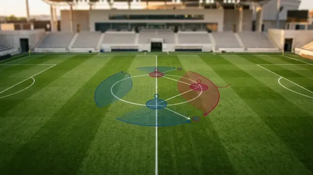 Tactical midfield formation diagram on football pitch with Barcelona blue and claret accents