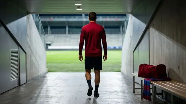 Brazilian striker-inspired footballer entering a stadium tunnel amid blue and claret transfer colors