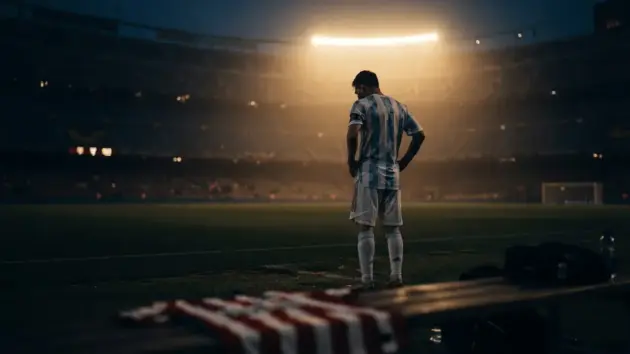 Argentine footballer in national team kit contemplating transfer decision in modern stadium