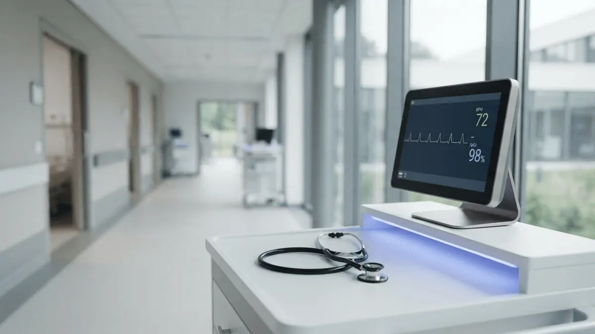 Medical stethoscope and heart monitor in modern hospital setting with blue accent lighting