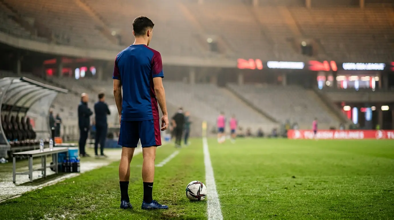 Marc Casadó stands apart on a floodlit football pitch amid uncertainty over his Barcelona future and Sunderland interest.