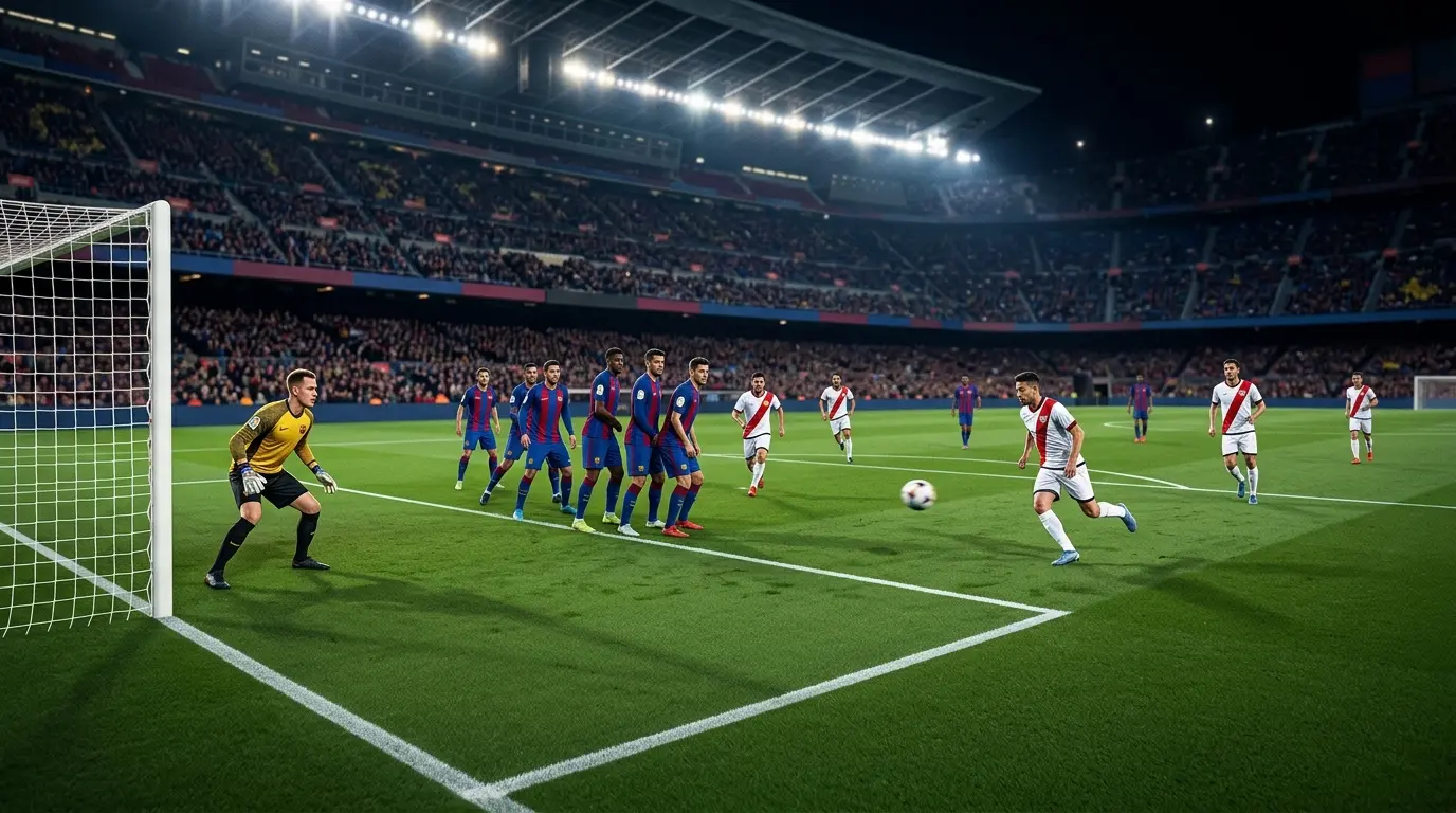 Barcelona goalkeeper and organized defence face a tense Rayo Vallecano attack under stadium floodlights