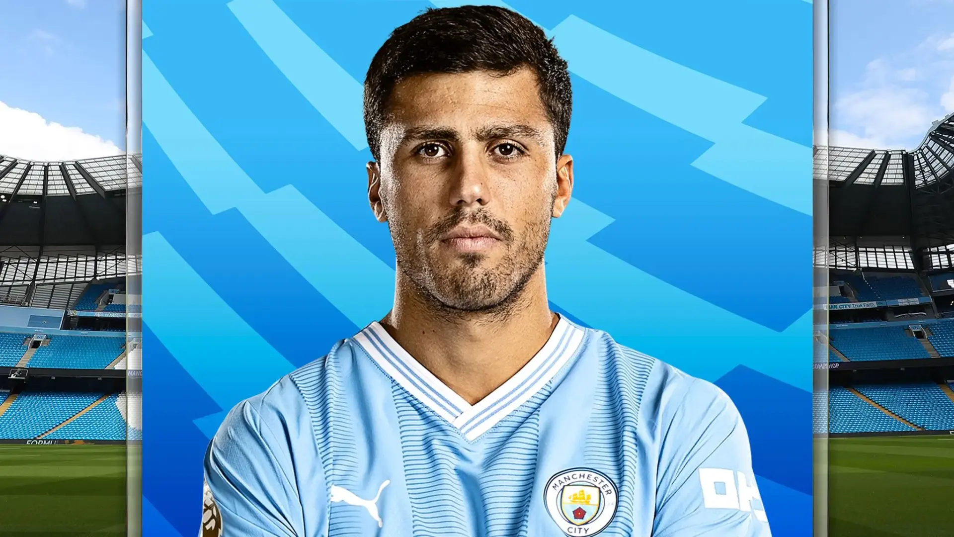 Portrait of football midfielder Rodri wearing a light blue Manchester City jersey against a stylized blue background.