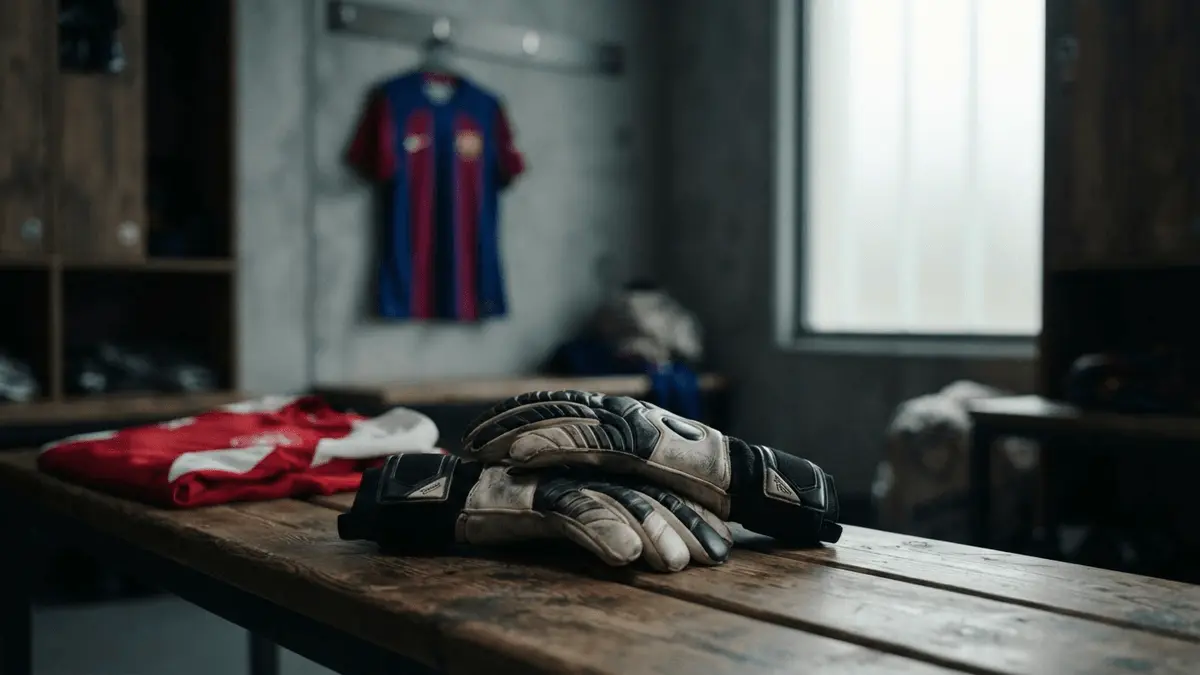 Goalkeeper gloves on bench with Barcelona and Ajax jerseys symbolizing Ter Stegen's loan transfer
