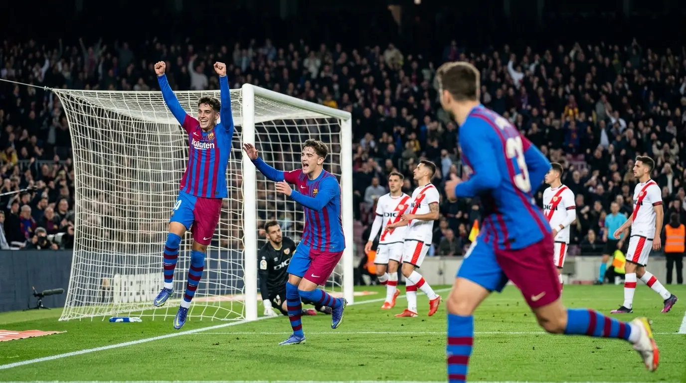 Barcelona attackers celebrate during a 5-2 home win over Rayo Vallecano