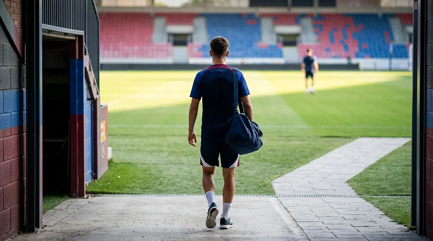 Young academy midfielder walking toward a new stadium opportunity in a blue and claret football setting