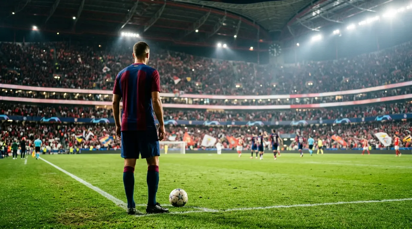 Unbranded Barcelona-inspired full-back silhouette surveying a floodlit European football stadium after a home win