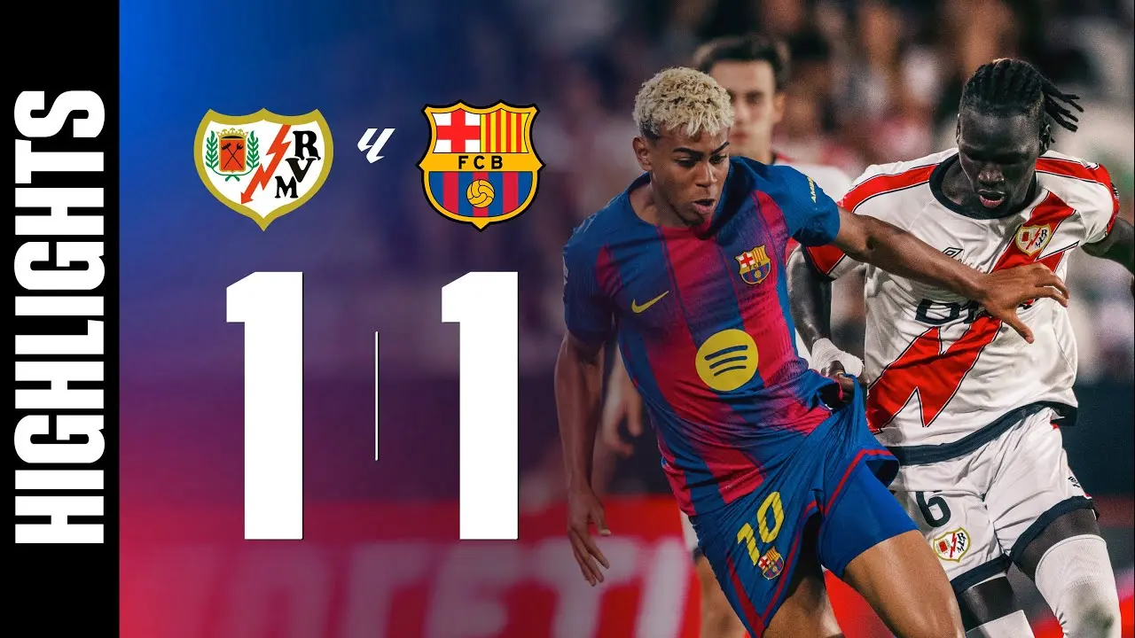 FC Barcelona and Rayo Vallecano logos with a 1-1 scoreline and an action shot of two players competing for the ball.