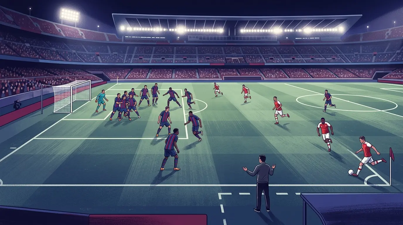 Barcelona-inspired defenders organize against a corner as a coach demands greater control after a league win.